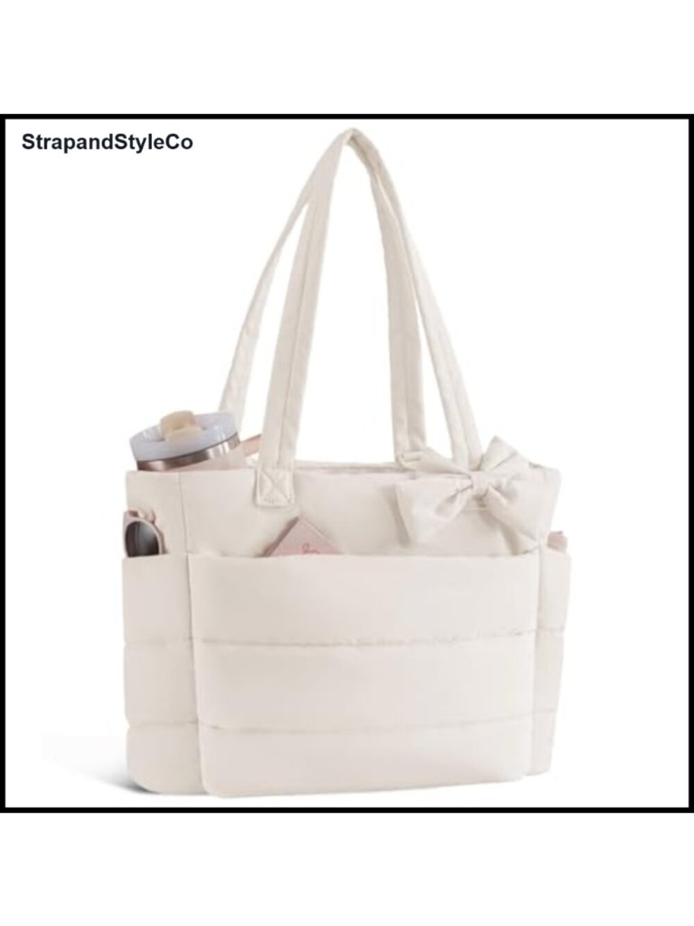 Quilted Nylon Puffer Tote Bag with Cup Holder & Laptop Compartment